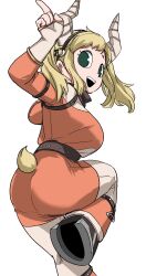 Rule 34 | 1girl, ass, belt, blonde hair, boku no hero academia, dress, fingerless gloves, gloves, green eyes, highres, horns, horseshoe, i yo ka, looking at viewer, looking back, medium hair, open mouth, pink dress, pointing, pointing up, sidelocks, solo, standing, standing on one leg, tail, tsunotori pony, white background, wide-eyed