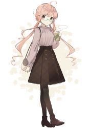 Rule 34 | 1girl, ahoge, bag, black footwear, black pantyhose, black skirt, blue-framed eyewear, coffee cup, cup, disposable cup, full body, glasses, holding, kantai collection, long hair, long sleeves, low twintails, makigumo (kancolle), makigumo kai ni (kancolle), one-hour drawing challenge, pantyhose, pink hair, pleated skirt, shoulder bag, skirt, solo, twintails, yamashichi (mtseven), yellow eyes