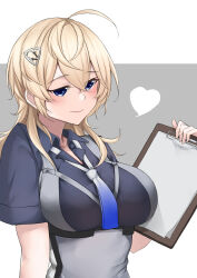 Rule 34 | 1girl, absurdres, ahoge, blonde hair, blue eyes, blue neckerchief, blue shirt, breasts, clipboard, collared shirt, gradient neckerchief, heart, highres, jiangyou dang, kantai collection, large breasts, medium hair, military, military uniform, neckerchief, shirt, solo, tuscaloosa (kancolle), uniform, upper body