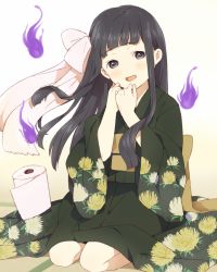 Rule 34 | 1girl, bad id, bad pixiv id, black eyes, black hair, blunt bangs, blush, child, floral print, ghost, hitodama, japanese clothes, kimono, kneeling, long hair, looking at viewer, mosuko, open mouth, smile, solo, spirits, toilet paper
