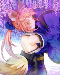 Rule 34 | 1girl, animal ears, backless outfit, bad id, bad pixiv id, blue bow, blue kimono, bow, detached sleeves, fate/grand order, fate (series), flower, fox ears, fox tail, hair bow, head tilt, highres, japanese clothes, kimono, long hair, looking at viewer, looking back, pink hair, ponytail, purple bow, purple flower, saijou haruki, smile, solo, standing, tail, tamamo (fate), tamamo no mae (fate/extra), wisteria, yellow eyes