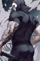 Rule 34 | 1boy, arm tattoo, back, bara, black pants, call of duty, call of duty: modern warfare 2, ghost (modern warfare 2), highres, holding, holding weapon, knife, looking at viewer, male focus, mask, muscular, muscular male, pants, skull mask, solo, tattoo, weapon, zhyphenth