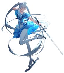 Rule 34 | 1girl, artist request, bad source, black survival, blue dress, blue eyes, blue hair, closed mouth, dress, elena (black survival), eternal return: black survival, full body, highres, holding, holding sword, holding weapon, ice skates, long hair, official art, simple background, skates, solo, sword, transparent background, twintails, weapon, white legwear