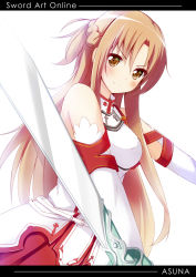 Rule 34 | &gt;:), 10s, 1girl, armor, asuna (sao), bare shoulders, blush, braid, brown eyes, brown hair, character name, copyright name, detached sleeves, elbow gloves, gloves, holding, long hair, looking at viewer, ok-ray, skirt, smile, solo, sword, sword art online, v-shaped eyebrows, weapon, yellow eyes