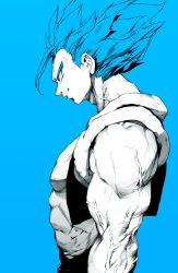 Rule 34 | 1boy, absurdres, ahoge, blue background, blue eyes, blue hair, blue theme, closed mouth, dragon ball, dragon ball super, dragon ball super broly, gogeta, grin, highres, male focus, muscular, muscular male, niwarhythm, open clothes, open vest, pectorals, portrait, profile, sanpaku, simple background, smile, smug, solo, thick arms, veins, veiny arms, vest