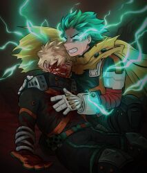 Rule 34 | 2boys, bakugou katsuki, blonde hair, blood, blood on clothes, blood on face, boku no hero academia, cape, closed eyes, commentary, crying, crying with eyes open, daniartonline, electricity, freckles, full cowling (boku no hero academia), gloves, green eyes, green hair, hand on another&#039;s chest, highres, male focus, midoriya izuku, multiple boys, short hair, spiked hair, tears, white gloves, yellow cape