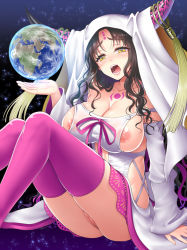 Rule 34 | 10s, 1girl, bare shoulders, black hair, blush, breasts, cleavage, collarbone, detached sleeves, earth (planet), facial mark, fate/extra, fate/extra ccc, fate (series), forehead mark, horns, large breasts, long hair, long sleeves, looking at viewer, multicolored hair, nipple slip, nipples, open mouth, panties, pink hair, pink panties, pink ribbon, pink thighhighs, planet, ribbon, sessyoin kiara, sideboob, solo, tareme, tattoo, thighhighs, two-tone hair, underwear, veil, very long hair, wavy hair, yellow eyes, youshuu