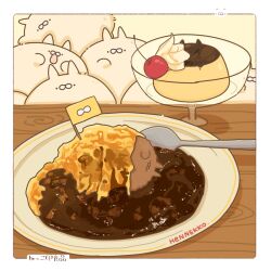 Rule 34 | border, cat, cherry, commentary request, food, food focus, fruit, hayashi rice, hennekko, highres, omelet, omurice, original, plate, pudding, shadow, spoon, table, whipped cream, white border, yellow background