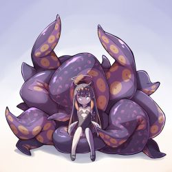 Rule 34 | 1girl, blue eyes, fang, full body, halo, highres, hololive, hololive english, long hair, mmhomm, mole, mole under eye, ninomae ina&#039;nis, ninomae ina&#039;nis (1st costume), purple hair, simple background, sitting, skin fang, solo, tentacles, virtual youtuber, white background