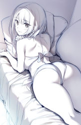 Rule 34 | 1girl, ass, back, bikini, character request, couch, from behind, highres, looking at viewer, looking back, lying, monochrome, on stomach, oryo (oryo04), short hair, side-tie bikini bottom, smile, solo, swimsuit