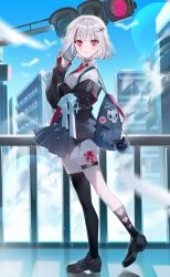 Rule 34 | bag, black choker, black footwear, bow, bowtie, choker, cityscape, crosshair, crosshair pupils, dtto., earrings, highres, holding, holding phone, jewelry, looking at viewer, miwano rag, multicolored hair, pale skin, phone, pleated skirt, red eyes, red hair, red tie, scarz, skirt, skull ornament, thighhighs, traffic light, utaite, virtual youtuber, white hair