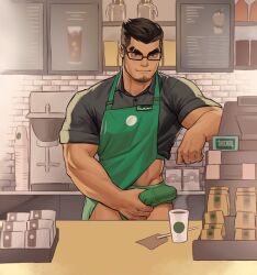 Rule 34 | 1boy, absurdres, apron, artist name, bara, barista, black hair, black shirt, briefs, bulge, closed mouth, cup, disposable cup, drinking straw, erection, erection under clothes, facial hair, glasses, green apron, green male underwear, helbai, highres, indoors, large pectorals, male focus, male underwear, muscular, muscular male, original, pectorals, shirt, short hair, smile, solo, underwear