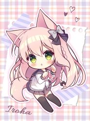 Rule 34 | 1girl, animal ears, black bow, black footwear, black sailor collar, black thighhighs, blush, bow, braid, breasts, chestnut mouth, chibi, commentary request, copyright request, full body, green eyes, grey bow, grey skirt, hair between eyes, hair bow, hands up, heart, long hair, long sleeves, looking at viewer, parted lips, paw pose, pink bow, pink hair, plaid, plaid background, pleated skirt, ryuuka sane, sailor collar, school uniform, serafuku, shirt, skirt, small breasts, solo, tail, thighhighs, very long hair, white shirt