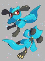 Rule 34 | :o, absurdres, commentary, creatures (company), game freak, gen 4 pokemon, grey background, highres, looking to the side, multiple views, nintendo, no humans, nullma, outstretched arms, pokemon, pokemon (creature), red eyes, riolu, toes