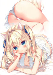 Rule 34 | 1girl, aimyu, animal ear fluff, animal ears, ass, bare arms, bare shoulders, bed sheet, blonde hair, blue eyes, blush, breasts, cat ears, closed mouth, commentary request, daten keikaku, frilled panties, frills, hair between eyes, hair intakes, halo, long hair, looking at viewer, multiple views, panties, sazaki ichiri, small breasts, smile, two side up, underwear, white background, white panties