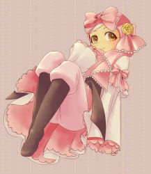 Rule 34 | 1girl, boots, bow, brown eyes, brown footwear, ciconia no naku koro ni, closed mouth, flower, frilled bow, frilled sleeves, frills, highres, hijab, hiwomushi, long sleeves, naima (ciconia), pants, pink bow, pink pants, pink theme, rose, sleeves past wrists, smile, solo, yellow flower, yellow rose