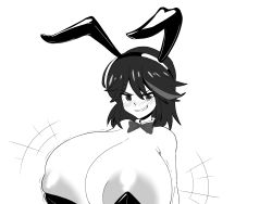 Rule 34 | 1girl, absurdres, alternate breast size, animal ears, blush, bow, bowtie, breast expansion, breasts, cleavage, fake animal ears, gigantic breasts, grin, hairband, highres, huge breasts, kill la kill, large areolae, leotard, looking at viewer, matoi ryuuko, monochrome, playboy bunny, rabbit ears, short hair, smile, smug, solo, white background, zoey kazuya