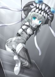 Rule 34 | 10s, 1girl, abyssal ship, ass, bad id, bad pixiv id, bdsm, blue eyes, bodysuit, bondage, boots, bound, cleave gag, cloth gag, gag, gagged, improvised gag, kantai collection, konpotsu, pale skin, personification, short hair, silver hair, solo, thigh boots, thighhighs, wet, wo-class aircraft carrier, wooden horse