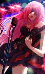 Rule 34 | 1girl, absurdres, backlighting, blue eyes, cowboy shot, crying, crying with eyes open, dress, earrings, electric guitar, guitar, hair over one eye, highres, instrument, jewelry, leia (vocaloid), light particles, long hair, megurine luka, microphone, microphone stand, music, necklace, open mouth, pink hair, playing instrument, project diva (series), singing, solo, spotlight, sshooooe, stage, stage lights, strapless, strapless dress, stud earrings, tears, twitter username, two-tone dress, vocaloid