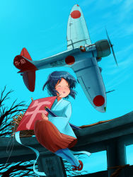 Rule 34 | 1girl, a5m, aircraft, airplane, bamboo broom, broom, flying, goggles, inui (jt1116), japanese clothes, kite, miko, original, pilot, pilot suit, smile, sword, vehicle focus, weapon
