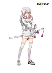 Rule 34 | 1girl, :t, black nails, closers, crossed arms, frown, full body, highres, jacket, katana, long hair, long sleeves, looking at viewer, low twintails, multicolored hair, nail polish, official art, pout, puffy sleeves, red eyes, seth (closers), sheath, sheathed, shirt, shoes, short shorts, shorts, sleeveless, sleeveless shirt, sleeveless turtleneck, sneakers, solo, standing, streaked hair, sword, tassel, thighhighs, turtleneck, twintails, two-tone hair, weapon, weapon on back, white hair, white jacket, white shirt, white shorts, white thighhighs