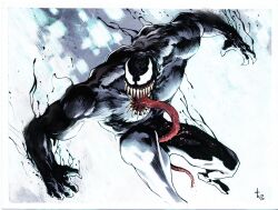 1boy highres long_tongue marvel muscular muscular_male sharp_teeth solo spider-man_(series) teeth tirso_cons tongue tongue_out venom_(marvel)