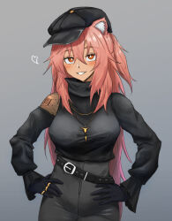 Rule 34 | 1girl, animal ear fluff, animal ears, arknights, arm tattoo, barcode, barcode tattoo, belt, black belt, black gloves, black hat, black shirt, black shorts, blush, breasts, cabbie hat, clothing cutout, commentary, cowboy shot, dokonjou (odossan), english commentary, fishnets, gloves, gravel (arknights), gravel (modeling night) (arknights), grey background, hair between eyes, hands on own hips, hat, heart, high-waist shorts, highres, jewelry, long hair, looking at viewer, medium breasts, multiple rings, necklace, official alternate costume, parted lips, pink hair, prairie dog ears, red eyes, ring, shirt, shorts, shoulder cutout, simple background, smile, solo, standing, tattoo, turtleneck