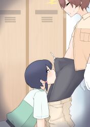 Rule 34 | 1boy, 1girl, absurdres, bike shorts, black hair, black shorts, blush, breast pocket, brown hair, brown shirt, captain (kemono friends), commentary request, cum, ejaculation under clothes, feet out of frame, green shirt, hetero, highres, illu (illu stratos), indoors, kemono friends, kemono friends 3, licking testicle, locker, open mouth, oral, pocket, profile, shirt, short hair, short sleeves, shorts, testicle sucking, testicles, white shirt