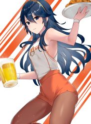 Rule 34 | 1girl, absurdres, alcohol, bare shoulders, beer, blue eyes, blue hair, bracelet, breasts, fire emblem, fire emblem awakening, haru (nakajou-28), highres, hooters, jewelry, long sleeves, looking at viewer, lucina (fire emblem), nintendo, plate, shirt, short shorts, shorts, sideboob, small breasts, smile, solo, tank top, thighs, tiara, white shirt