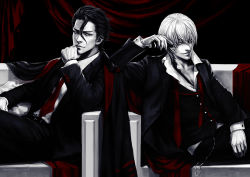 Rule 34 | 2boys, aizen sousuke, bleach, chain, formal, gloves, hand on own chin, ichimaru gin, jacket, jacket on shoulders, looking at viewer, male focus, monochrome, multiple boys, necktie, sitting, smile, smirk, spot color, suit, sun dou