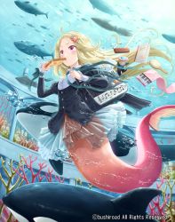 Rule 34 | 1girl, bag, blonde hair, book, bread slice, bubble, cardfight!! vanguard, company name, coral, dreamer dreamer kruk, eating, fish, food, food in mouth, hair ornament, hairclip, long hair, mouth hold, musical note, official art, orca, pink eyes, squid, tadokoro teppei, toast, toast in mouth, underwater