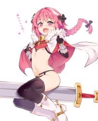 Rule 34 | 1boy, absurdres, androgynous, astolfo (fate), black bow, black gloves, black legwear, blush, boots, bow, braid, cape, commentary request, elbow gloves, fang, fate/apocrypha, fate (series), fur collar, garter straps, gloves, hair intakes, heart, heart-shaped pupils, highres, jairou, looking at viewer, male focus, navel, nipples, open mouth, pink hair, purple eyes, single braid, sitting, sitting on object, sword, symbol-shaped pupils, thighhighs, translated, trap, weapon