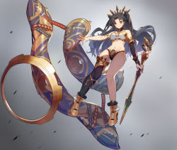 Rule 34 | 1girl, absurdres, arm warmers, black hair, black sleeves, black thighhighs, closed mouth, earrings, fate/grand order, fate (series), floating, full body, grey background, heavenly boat maanna, highres, hoop earrings, ishtar (fate), jewelry, legs apart, long hair, looking at viewer, navel, red eyes, shoes, simple background, single sleeve, single thighhigh, smile, solo, sunligh mao, thighhighs, tohsaka rin, two side up