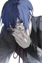 Rule 34 | 1boy, 25-ji kaito, 25-ji nightcord de. (project sekai), bespectacled, black-framed eyewear, blue eyes, blue hair, blue nails, commentary request, dark blue hair, fingernails, glasses, hair between eyes, hand on own face, highres, hr rinn, kaito (vocaloid), korean commentary, long sleeves, looking at viewer, male focus, neck ribbon, parted lips, red ribbon, ribbon, simple background, solo, upper body, vocaloid, white background