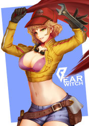 Rule 34 | 10s, 1girl, absurdres, arms up, artist name, baseball cap, bearwitch, belt, bikini, bikini top only, black gloves, blonde hair, breast pocket, breasts, brown gloves, cidney aurum, cleavage, cowboy shot, cropped jacket, denim, denim shorts, final fantasy, final fantasy xv, gloves, goggles, goggles around neck, green eyes, groin, hat, highres, holding, holster, jacket, legs together, lips, long sleeves, makeup, medium breasts, navel, open clothes, open jacket, parted lips, patreon username, pocket, pouch, purple bikini, short hair, short shorts, shorts, smile, solo, swimsuit, unzipped, watermark, web address, wrench, yellow jacket