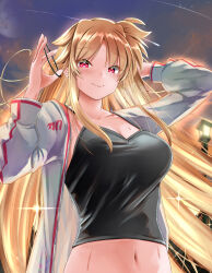 Rule 34 | 1girl, arm behind head, black camisole, blonde hair, breasts, camisole, cleavage, closed mouth, collarbone, fate testarossa, floating hair, grey jacket, highres, holding, jacket, large breasts, long hair, looking at viewer, lyrical nanoha, mahou shoujo lyrical nanoha strikers, navel, open clothes, open jacket, red eyes, smile, solo, sougetsu izuki, straight hair, sweatdrop, tying hair, unzipped, upper body, very long hair, zipper