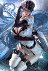 Rule 34 | 1girl, 2020, akame ga kill!, arm under breasts, artist name, belt, black belt, blue eyes, blue hair, boots, breasts, cleavage, commentary, english commentary, esdeath, female focus, hair between eyes, hat, holding, holding sword, holding weapon, ice, large breasts, long hair, looking at viewer, matching hair/eyes, military, military hat, military uniform, parted lips, peaked cap, signature, skirt, solo, sword, sword behind back, thigh boots, thighhighs, thighs, uniform, very long hair, weapon, zumi (zumidraws)