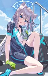 Rule 34 | 1girl, animal ear fluff, animal ears, bike jersey, bike shorts, black shorts, blue archive, blue eyes, blue footwear, blush, bottle, breasts, cleavage, collarbone, cross hair ornament, day, extra ears, gloves, green gloves, grey hair, hair ornament, halo, highres, holding, holding bottle, looking at viewer, medium breasts, medium hair, official alternate costume, open mouth, outdoors, shiroko (blue archive), shiroko (cycling) (blue archive), shoes, short sleeves, shorts, socks, solo, usamaru67pi, water bottle, white socks, wolf ears