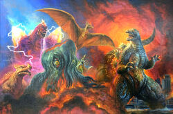 Rule 34 | alien, anguirus, bob eggleton, building, carapace, city, colored sclera, crystal, cyborg, destroy all monsters, destruction, dinosaur, electricity, energy, epic, explosion, fire, flying, gigan, godzilla, godzilla (series), godzilla vs. gigan, godzilla vs. hedorah, godzilla vs. king ghidorah, godzilla vs. mechagodzilla (1993), godzilla vs. spacegodzilla, hedorah, horns, kaijuu, no humans, pink electricity, pteranodon, pterosaur, red eyes, red sclera, rodan, sea monster, skyscraper, smoke, space monster, spacegodzilla, spikes, tail, toho, tusks, water, wings, yellow eyes