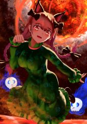 Rule 34 | 1girl, absurdres, animal ears, bow, braid, cat ears, clenched hand, dress, explosion, extra ears, ghost, green dress, highres, hitodama, kaenbyou rin, mary janes, lava, nekomata, open mouth, paw pose, red eyes, red hair, shoes, skull, smile, solo, sparks, tamateba co, touhou, twin braids