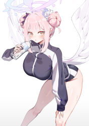 Rule 34 | 1girl, :o, absurdres, angel wings, bare legs, black buruma, blue archive, blush, bottle, breasts, buruma, double bun, etoile, feathered wings, feet out of frame, hair bun, halo, highres, holding, holding bottle, jacket, large breasts, leaning forward, looking at viewer, mika (blue archive), pink hair, sidelocks, simple background, solo, sweatdrop, track jacket, water bottle, white background, wings