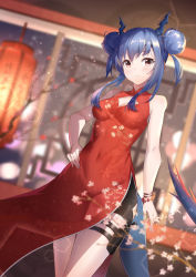 Rule 34 | 1girl, arknights, bare arms, bare shoulders, bead bracelet, beads, bike shorts, black shorts, blue hair, blurry, blurry background, bracelet, breasts, brown eyes, ch&#039;en (ageless afterglow) (arknights), ch&#039;en (arknights), china dress, chinese clothes, cleavage, cleavage cutout, clothing cutout, covered navel, cowboy shot, double bun, dress, dutch angle, hair bun, highres, hip vent, holster, horns, indoors, jewelry, lens flare, light particles, long hair, looking at viewer, medium breasts, official alternate costume, papa (wfd), parted lips, red dress, short shorts, shorts, side slit, sidelocks, sleeveless, sleeveless dress, solo, standing, tail, thigh holster, thighs