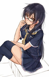 Rule 34 | 1girl, black hair, brown eyes, glasses, kazeno, long hair, original, school uniform, solo, thighhighs