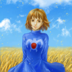 Rule 34 | 1girl, blue sky, breasts, brown eyes, brown hair, closed mouth, cloud, commentary request, cowboy shot, day, earrings, field, highres, jewelry, kaze no tani no nausicaa, looking at viewer, nausicaa, outdoors, short hair, sky, smile, solo, standing, studio ghibli