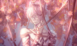Rule 34 | 1boy, artist name, bound, bound arms, character request, closed eyes, collarbone, colored eyelashes, copyright request, flower, hand on own neck, highres, light particles, lips, male focus, parted lips, pink flower, pink hair, pink ribbon, ribbon, sanshui guantang, short hair, smile, solo, sparkle, sunlight, topless male, upper body