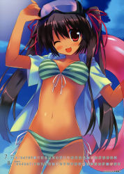 Rule 34 | 1girl, absurdres, bikini, bikini tan, black hair, blush, breasts, calendar, day, diving mask, fang, front-tie top, goggles, hair ribbon, highres, innertube, kiba satoshi, long hair, medium breasts, navel, one eye closed, open clothes, open mouth, open shirt, original, red eyes, ribbon, scan, shirt, side-tie bikini bottom, solo, striped bikini, striped clothes, swim ring, swimsuit, tan, tanline, twintails, wink