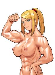 Rule 34 | 1girl, abs, arm up, biceps, blonde hair, breasts, cessa, cleavage, flexing, green eyes, hand on own hip, large breasts, long hair, looking at viewer, metroid, muscular, muscular female, nintendo, nipples, ponytail, samus aran, simple background, smile, solo, topless, white background