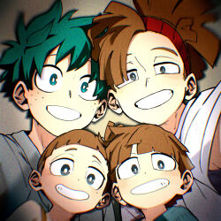 Rule 34 | 1girl, 3boys, aqua eyes, bandana, blue shirt, blunt bangs, blunt ends, blurry, blush, boku no hero academia, bowl cut, bright pupils, brother and sister, brothers, brown hair, cel shading, child, chromatic aberration, depth of field, eyebrows hidden by hair, film grain, freckles, green hair, grey background, grey eyes, grey shirt, grin, group picture, hair pulled back, hand up, happy, head tilt, high ponytail, high side ponytail, highres, jacket, kuwanosisyamo, lala soul, light, looking at viewer, male focus, midoriya izuku, multiple boys, outstretched arm, pac-man eyes, reaching, reaching towards viewer, red bandana, rody soul, roro soul, selfie, shadow, shirt, short eyebrows, short hair, siblings, sleeveless, smile, soft focus, spiked hair, t-shirt, teeth, upper body, vignetting, white pupils, white shirt