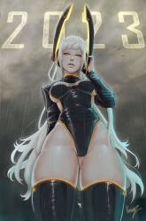 Rule 34 | 1girl, 2023, arm behind back, black leotard, black thighhighs, chinese zodiac, covered erect nipples, hand on own ear, hand on own ear, highres, kumanz, leotard, long hair, looking at viewer, looking down, new year, open mouth, original, pink eyes, thick thighs, thighhighs, thighs, very long hair, white hair, year of the rabbit