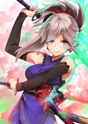 Rule 34 | 1girl, :&gt;, absurdres, arm across waist, arm up, armpits, asymmetrical hair, bare shoulders, blue eyes, breasts, colored smoke, commentary request, detached sleeves, dual wielding, earrings, fate/grand order, fate (series), floral print, hachiroku (hatirokusann86), hair ornament, highres, hilt, holding, holding sword, holding weapon, japanese clothes, jewelry, katana, kimono, long hair, long sleeves, miyamoto musashi (fate), miyamoto musashi (first ascension) (fate), multicolored background, pink hair, sash, sheath, smoke, solo, sword, thighs, unsheathed, weapon
